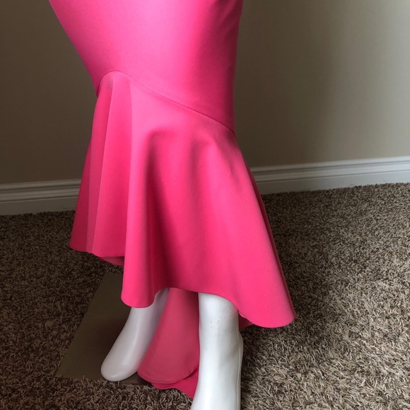 Abyss By Abby Pink Mirna Gown Prom Dress Off Shoulder Dress MIDI Ruffle Bottom - Picture 9 of 12